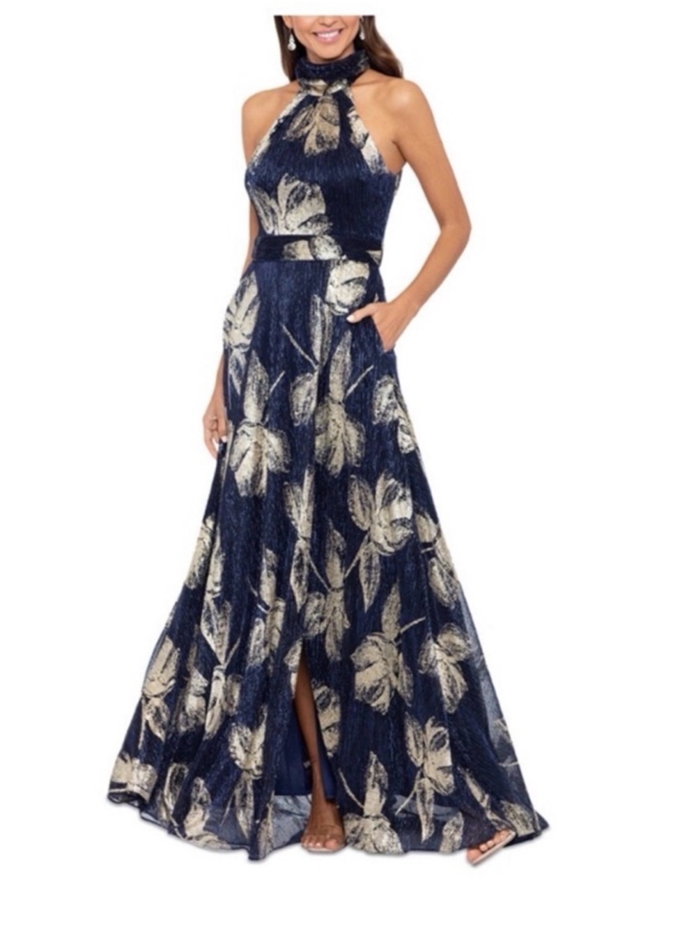 Betsy Adam Navy & Silver Floral Halter Maxi Dress with Metallic Accents